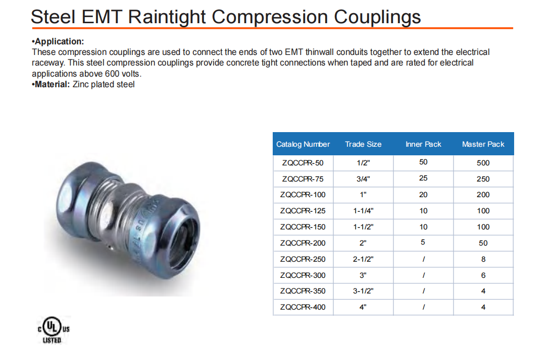 Steel EMT Raintight Compression Couplings(ZQCCPRxxx)